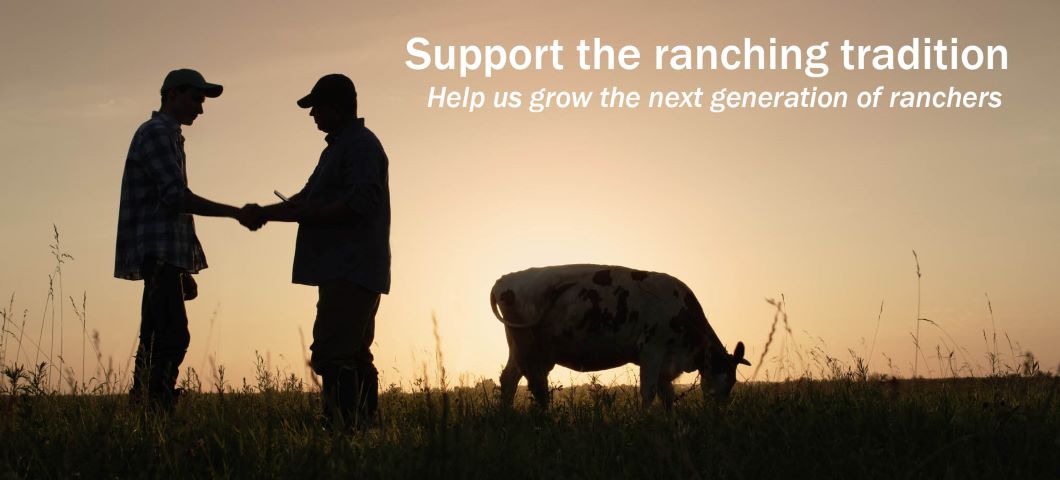 Two ranchers are shown in silhouette shaking hands as a cow grazes.