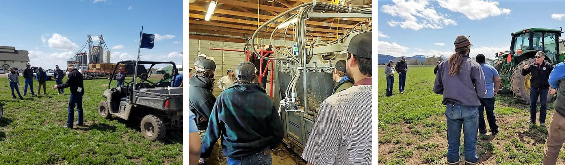 a man explaining atv safety to a group, a man showing a group machinery in a barn, a man showing a student group tractor safety